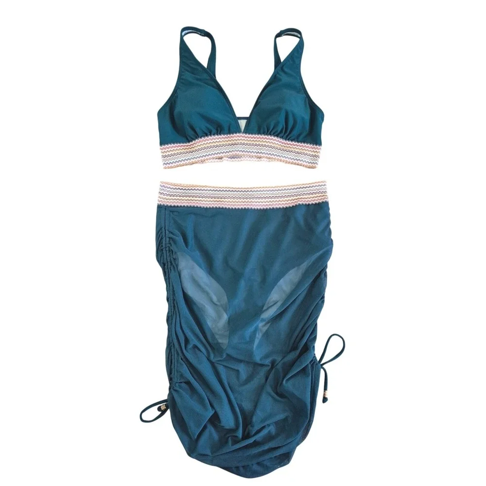 Teal High Waisted Bikini‎ Mesh Skirt Set Chevron Trim Womens Large